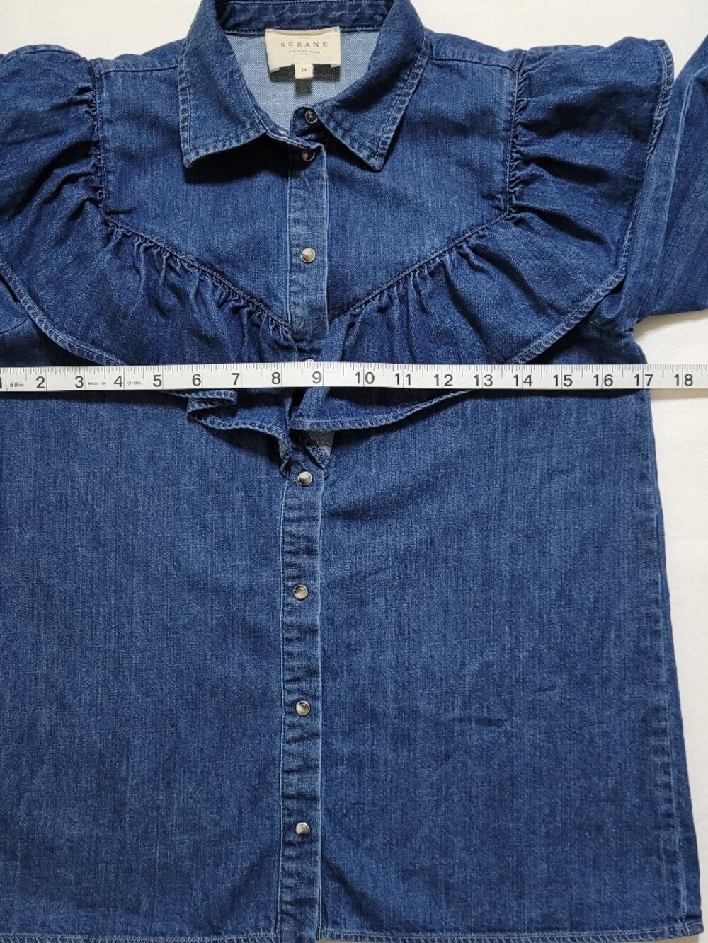 Sezane Denim Ruffle Blouse Top Long Sleeve Blue Romantic French Size 34 Western - Picture 5 of 10